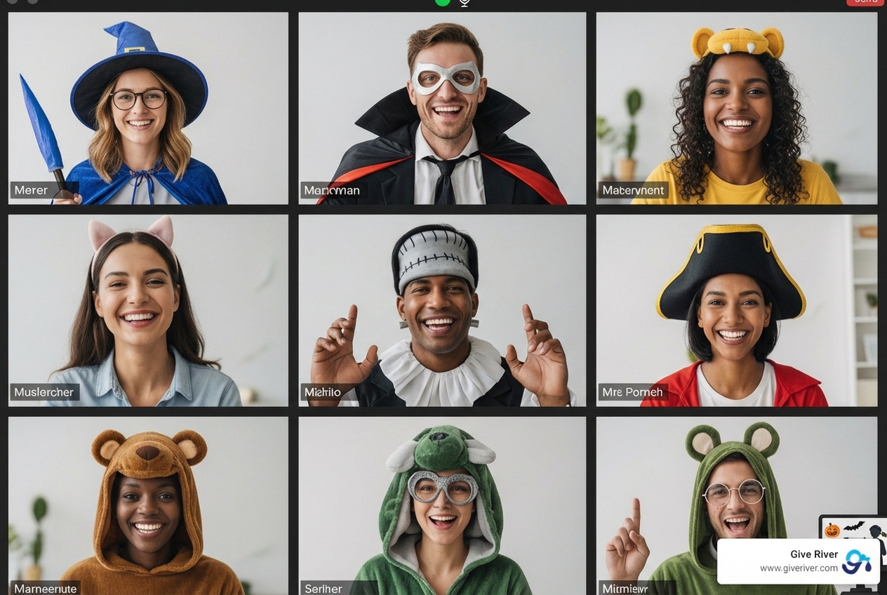 grid view of employees in creative Halloween costumes during a Zoom call - halloween virtual team building activities