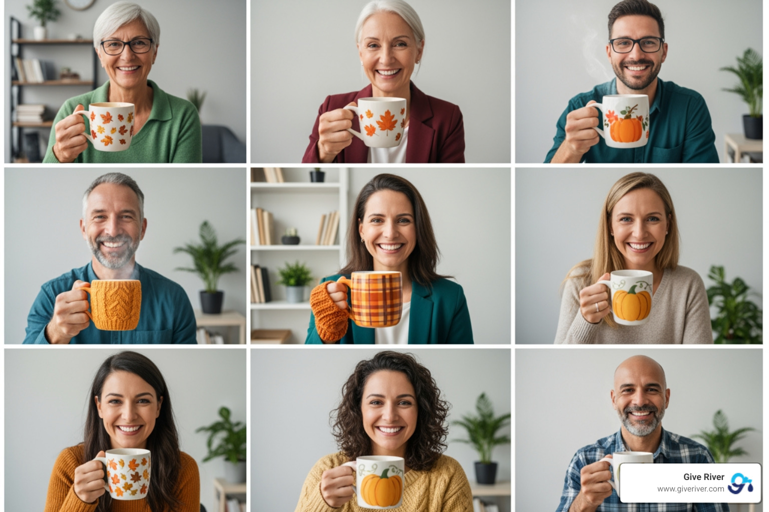collage of team members holding up their favorite fall mugs to the camera - fall team building activities virtual free