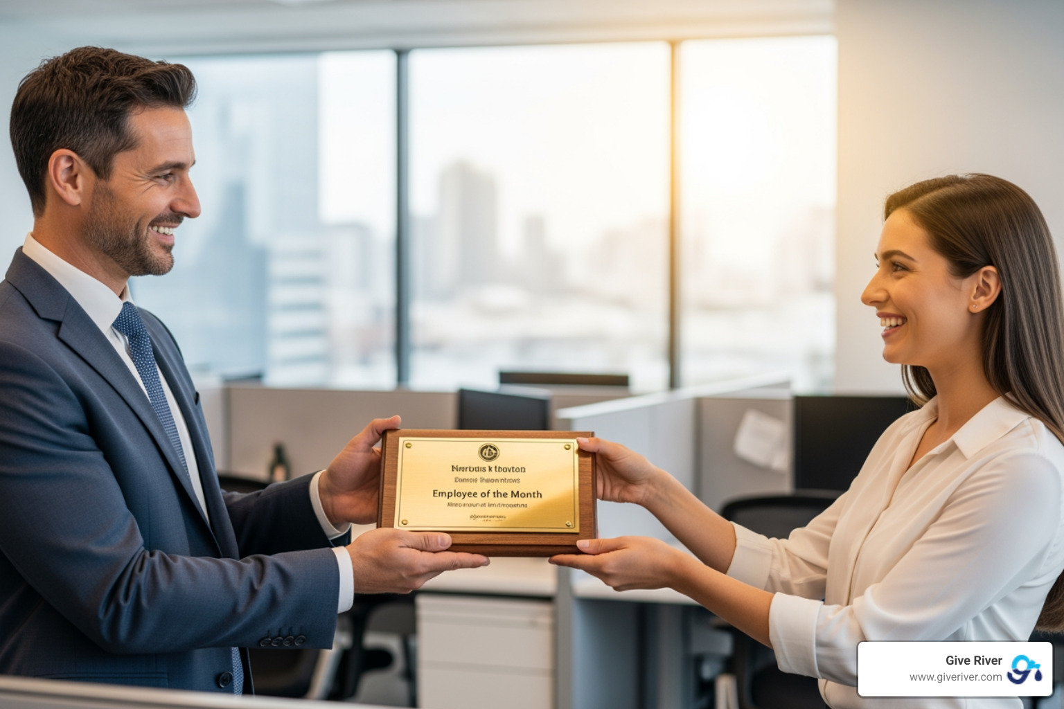 manager giving personalized award to employee - employee reward and recognition manager giving personalized award to employee - employee reward and recognition