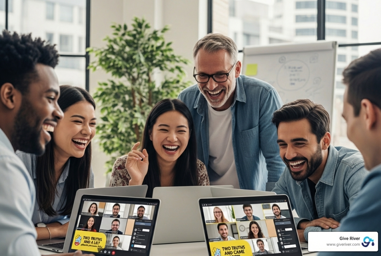 team laughing during a quick online icebreaker game - online game to play with coworkers