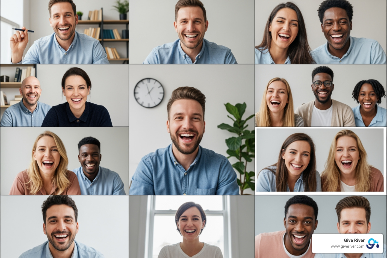 Colleagues laughing and interacting during an online trivia game, with a diverse group of people on a video call. - best free online trivia games for groups