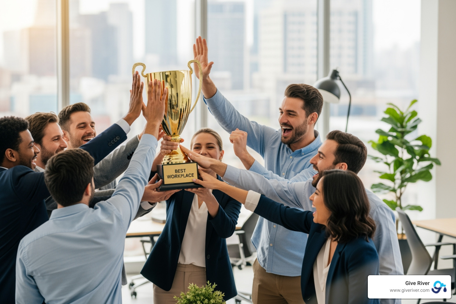 image of diverse team celebrating with an award - best workplace award