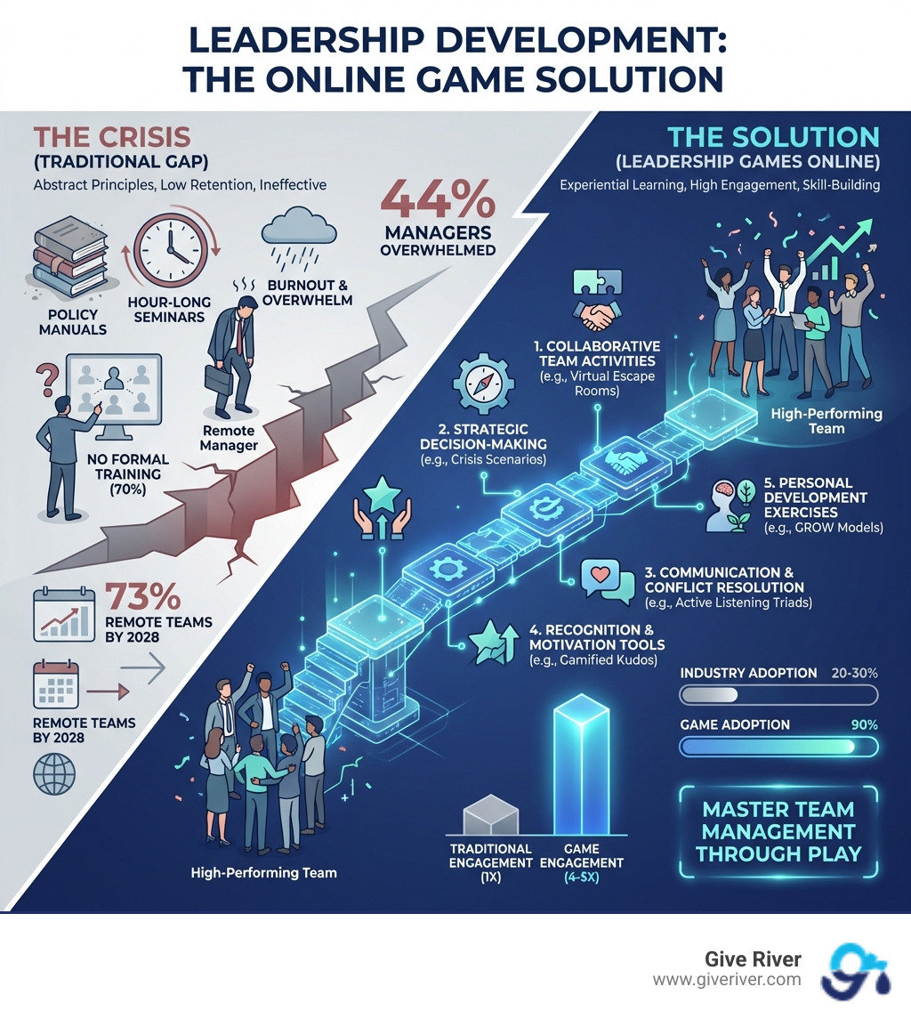 Infographic showing leadership development crisis and solution through online games - leadership games online infographic 