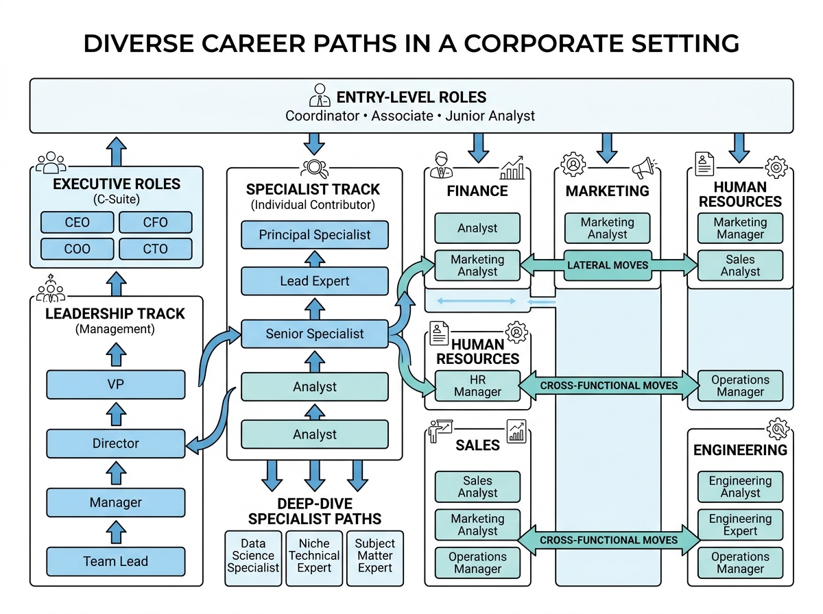 Flowchart showing diverse career paths like lateral moves, leadership tracks, and specialist roles - career development Flowchart showing diverse career paths like lateral moves, leadership tracks, and specialist roles - career development