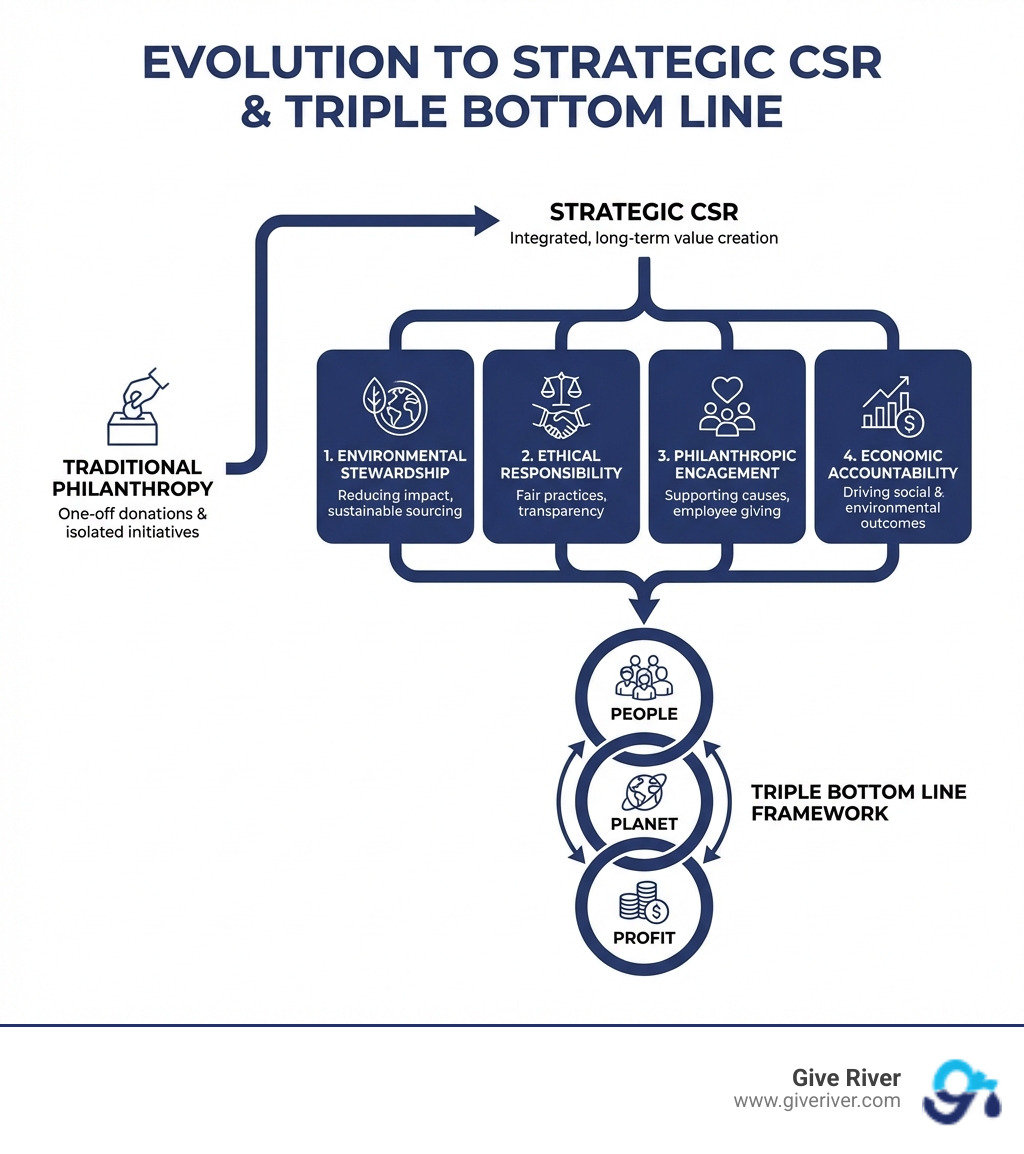 Evolution from traditional philanthropy to strategic CSR: four pillars and triple bottom line framework - strategies for