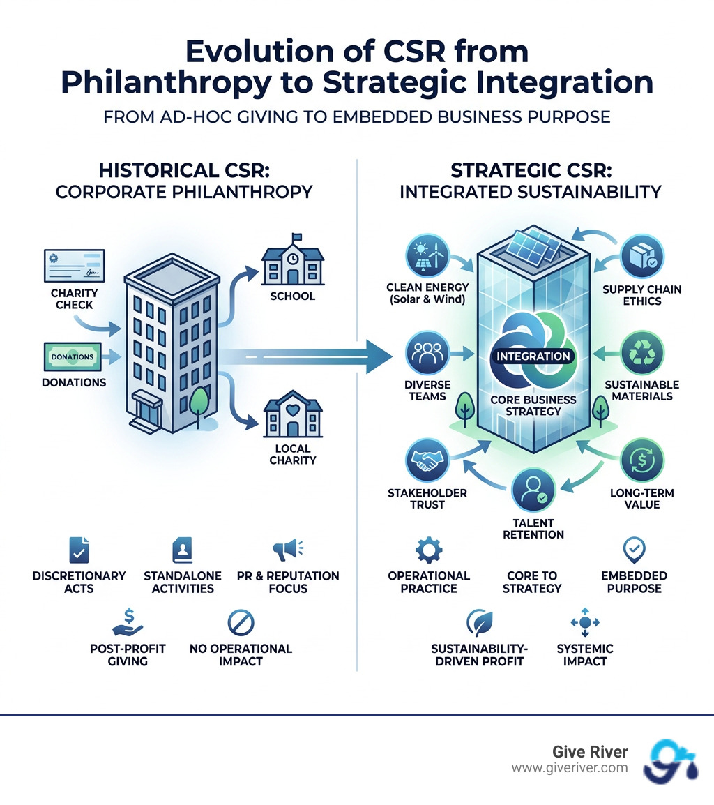 Evolution of CSR from philanthropy to strategic integration infographic - what is corporate social responsibility in Evolution of CSR from philanthropy to strategic integration infographic - what is corporate social responsibility in