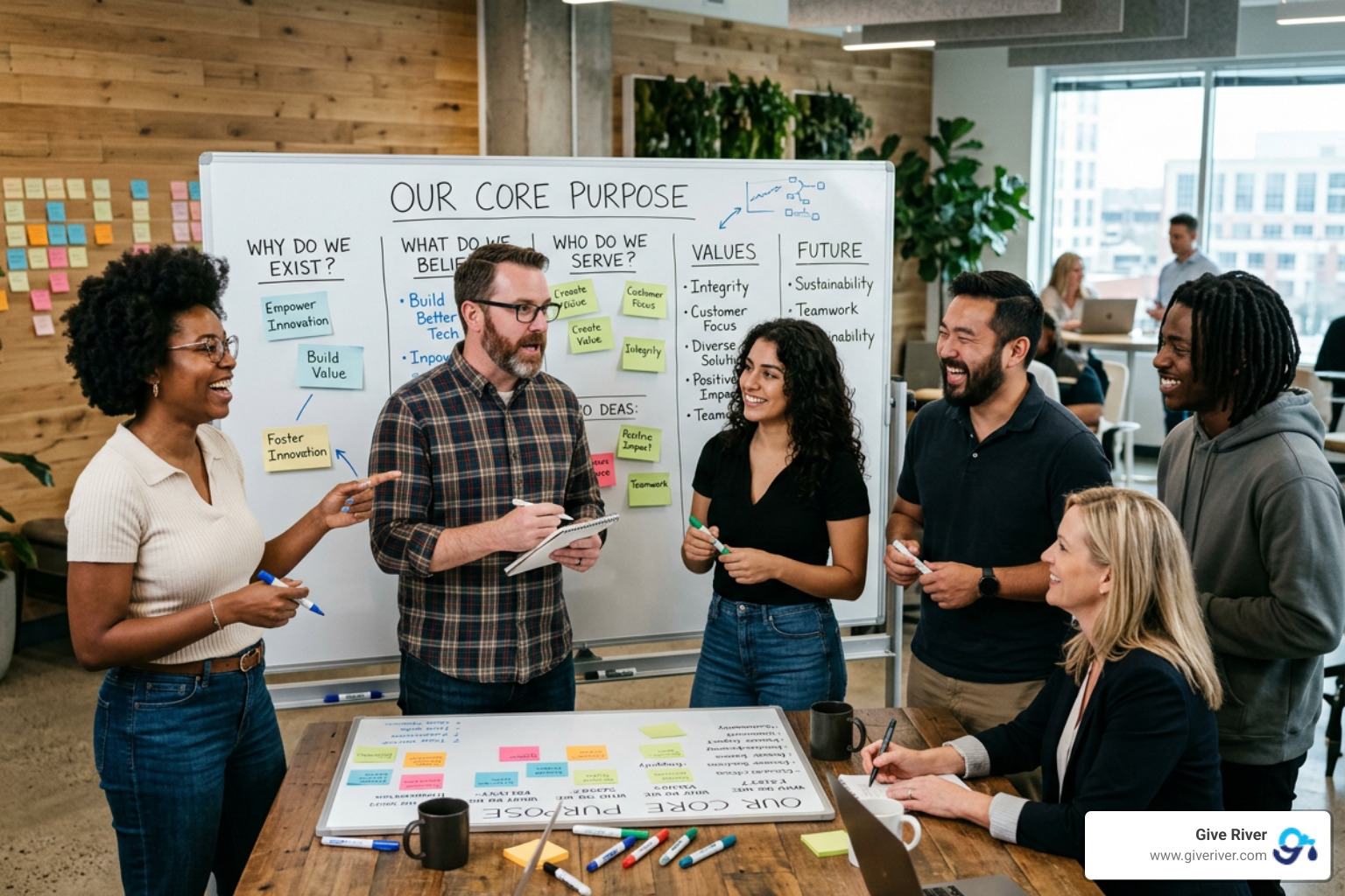 A collaborative team workshop where employees are brainstorming their company's core purpose - Corporate purpose statements