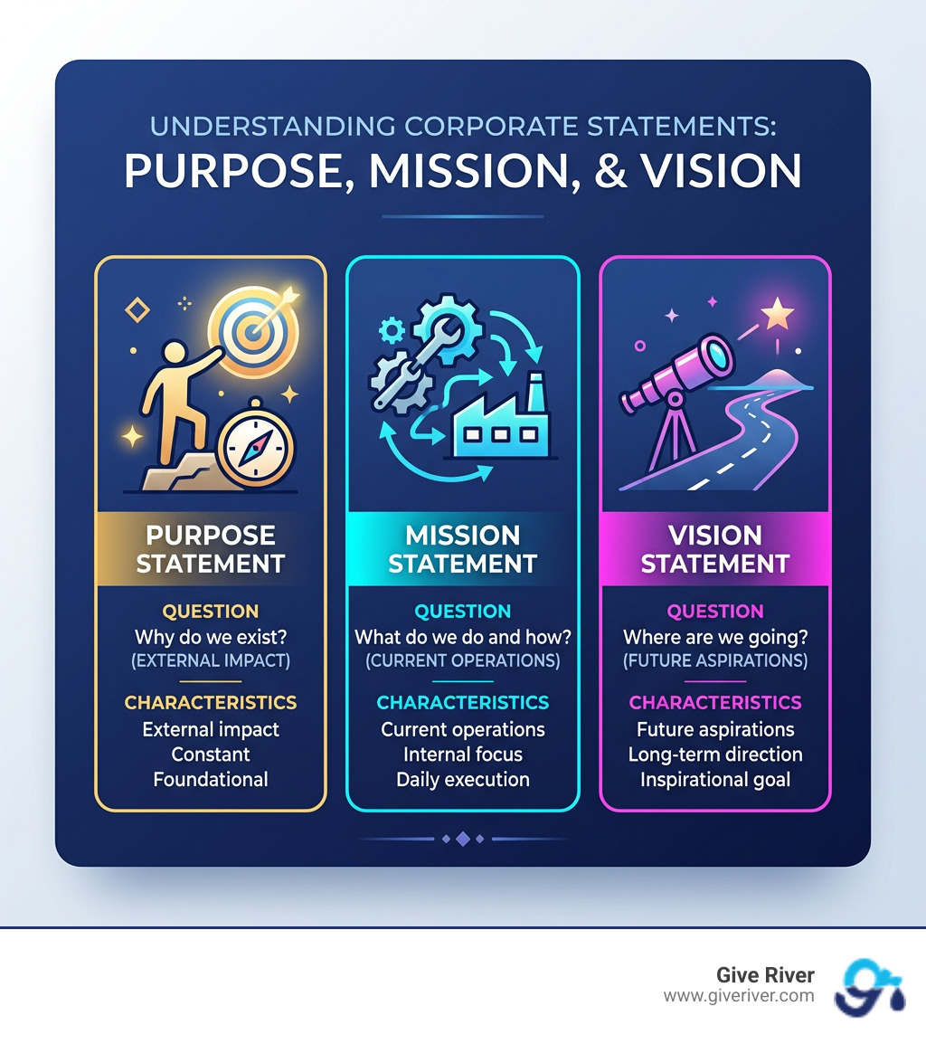 Infographic showing the difference between purpose, mission, and vision statements with key characteristics - Corporate