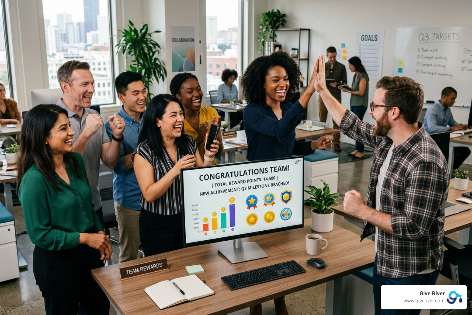 team celebrating with digital reward points - employee points system