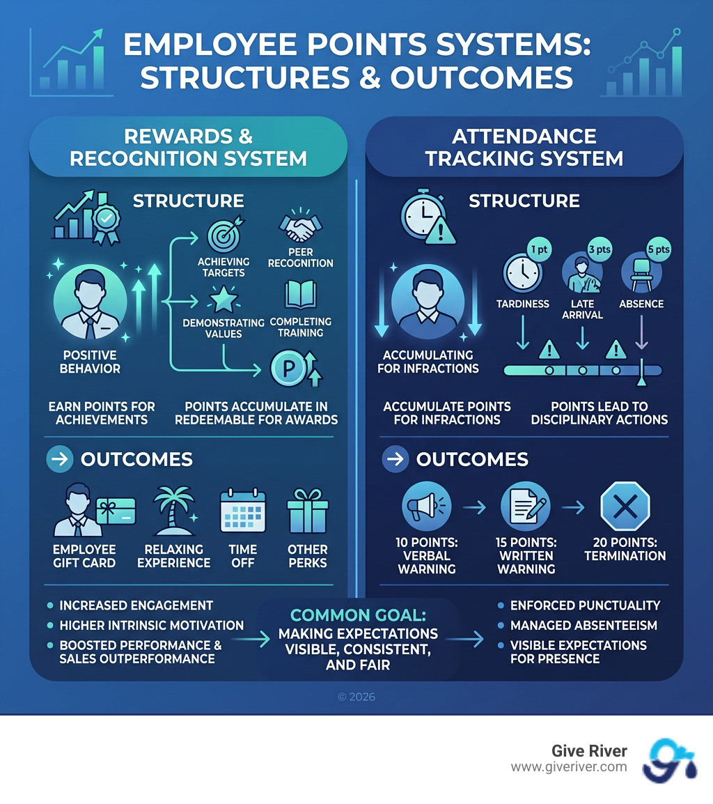 overview infographic comparing attendance vs rewards employee points system structures and outcomes - employee points system