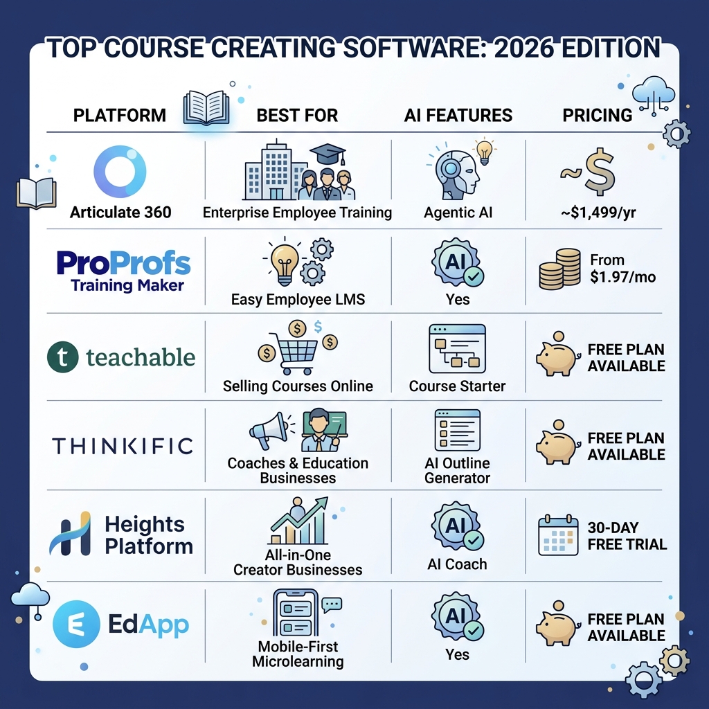 infographic showing top course creating software platforms compared by use case, AI features, and pricing - course creating infographic showing top course creating software platforms compared by use case, AI features, and pricing - course creating