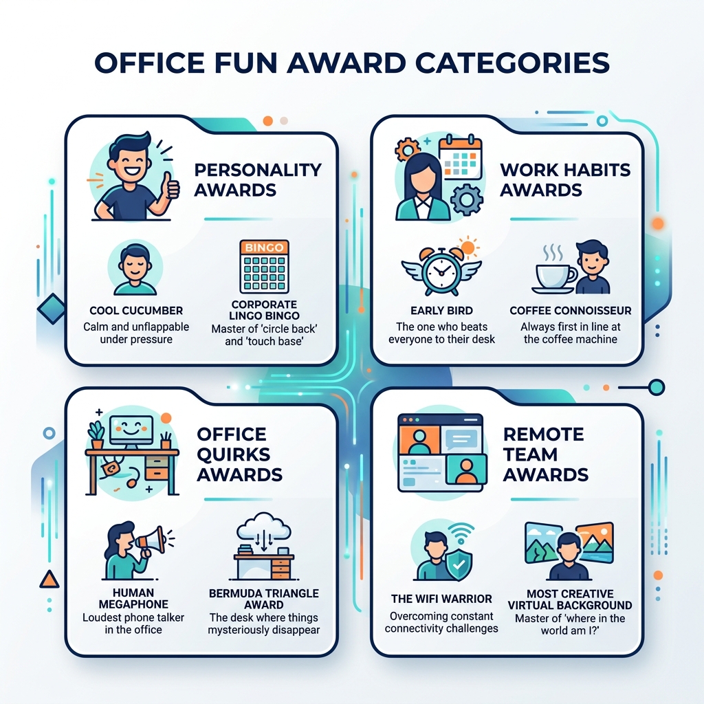 Infographic showing office fun award categories: personality, work habits, office quirks, and remote team awards with Infographic showing office fun award categories: personality, work habits, office quirks, and remote team awards with