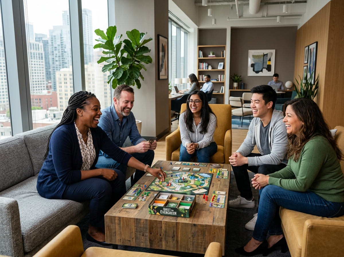 A team of coworkers laughing while playing a board game in a modern office lounge - fun team bonding activities for work A team of coworkers laughing while playing a board game in a modern office lounge - fun team bonding activities for work