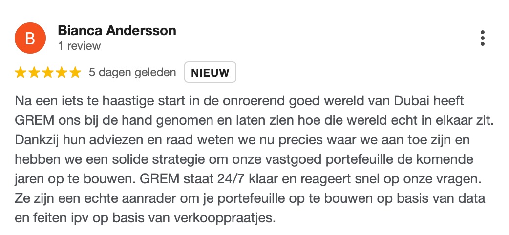 5-sterren review van Bianca Andersson over GREM: dankzij hun adviezen en strategie kan ze haar vastgoedportefeuille in Dubai nu opbouwen op basis van data en feiten in plaats van verkooppraatjes.
