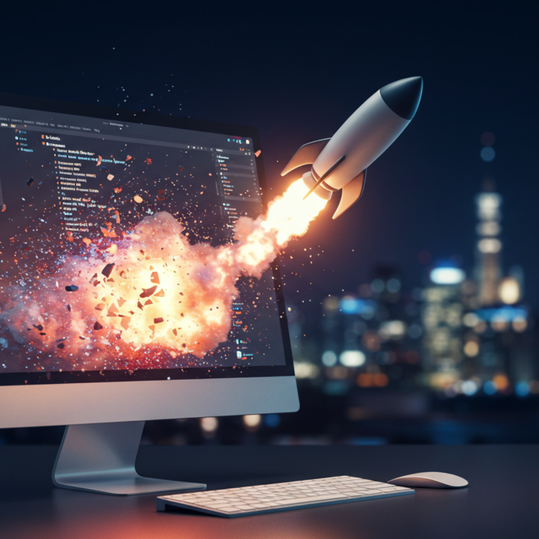 un cohete despegando desde una computadora