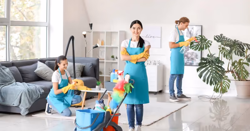 Reinigungsteam mit Putzwagen in einer hellen Wohnung