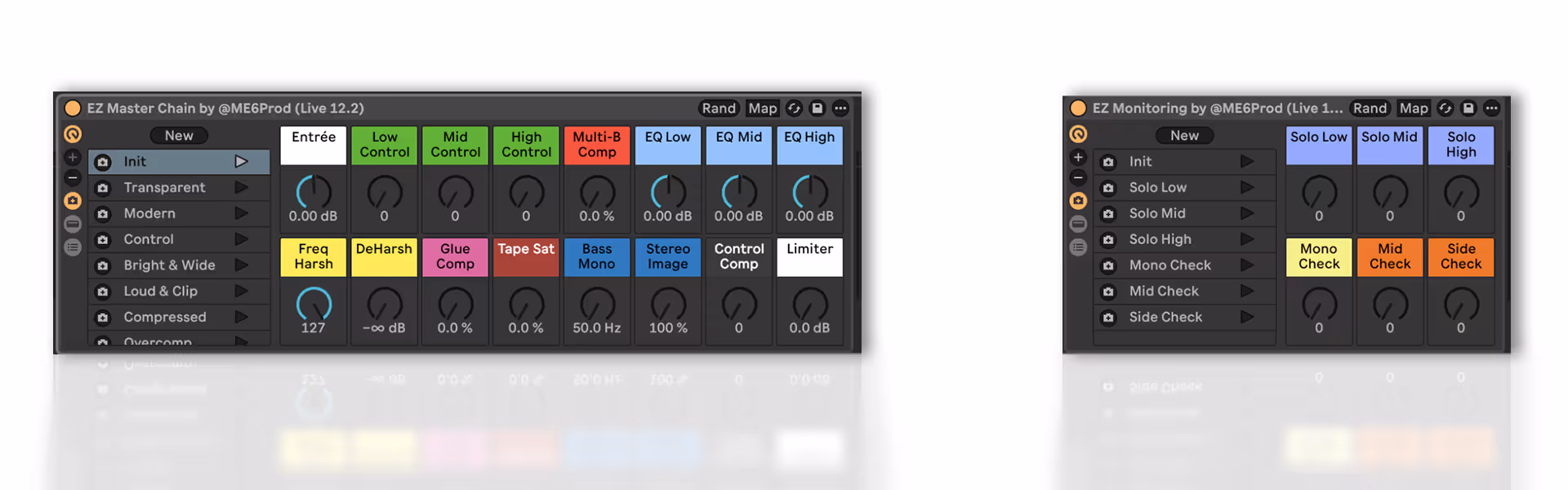 Screenshot d'EZ Master Chain, rack de mastering par ME6 Prod et d'EZ Monitoring, rack d'analyse par ME6 Prod.