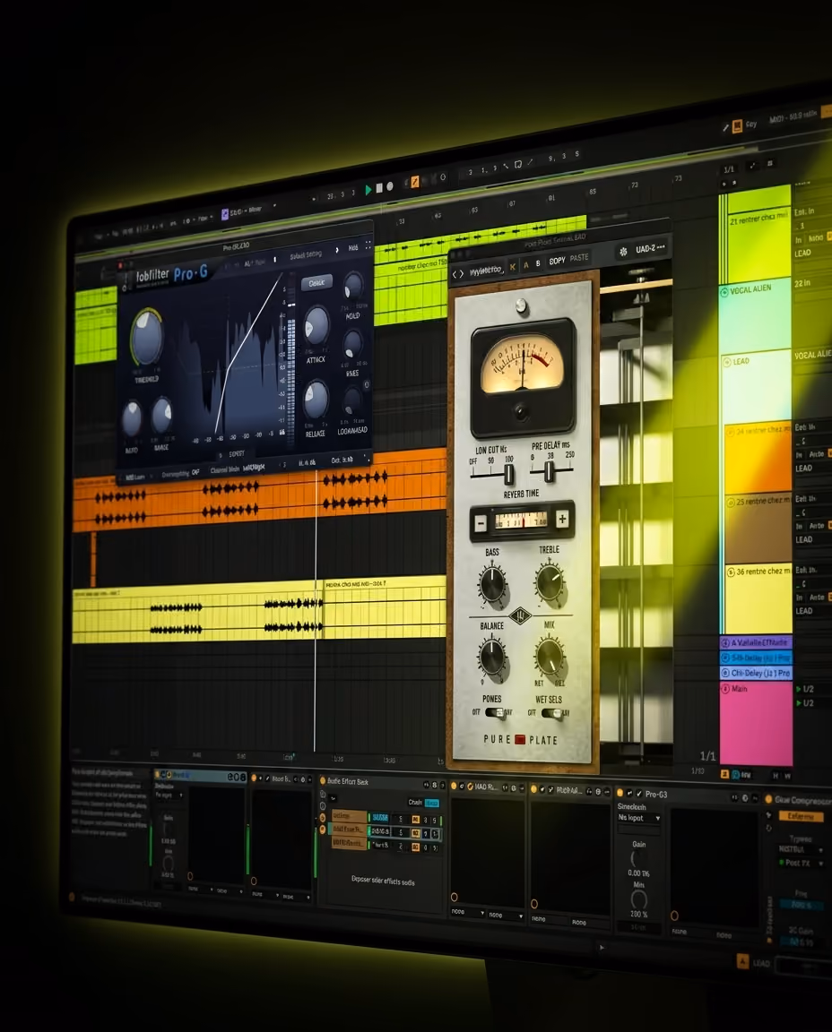 Session Ableton Live du morceau Chez moi d'Alien, avec les plugins de traitement de la voix ouverts