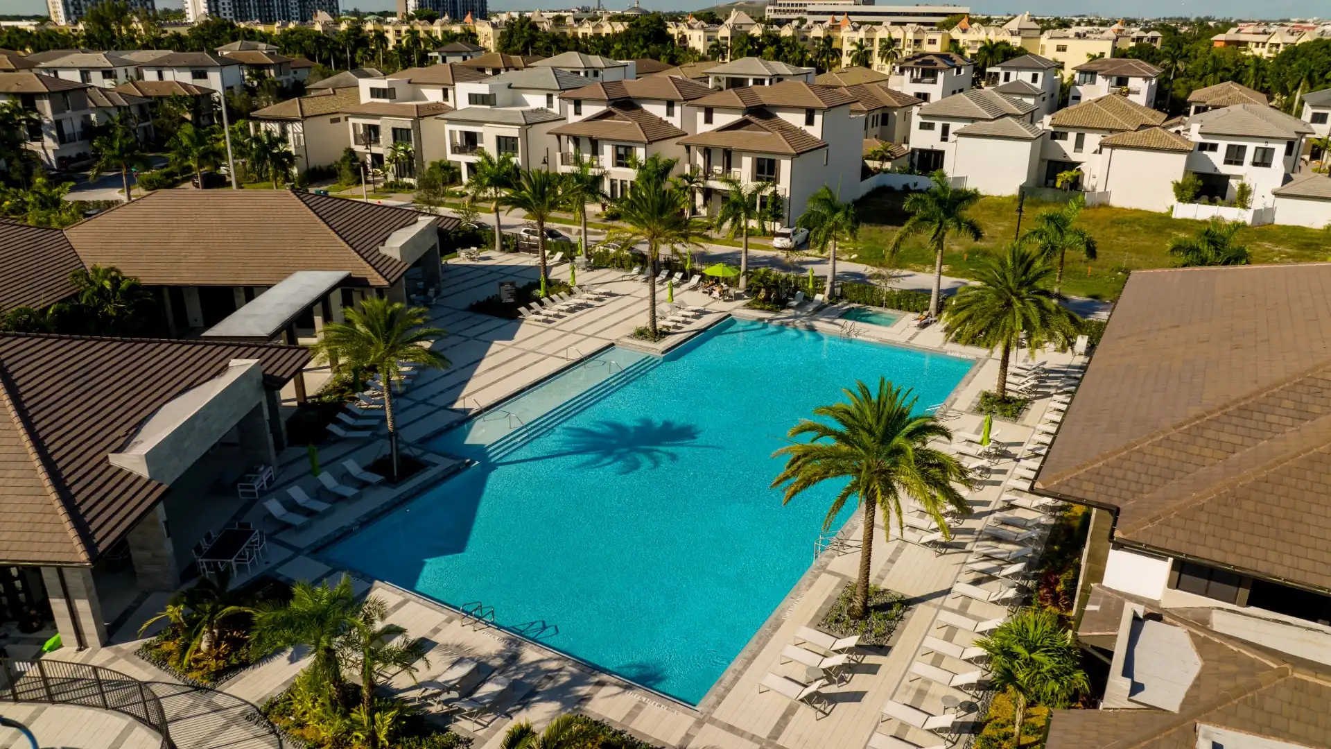 Aerial view of a community clubhouse pool lined with palm trees, lounge chairs and townhomes