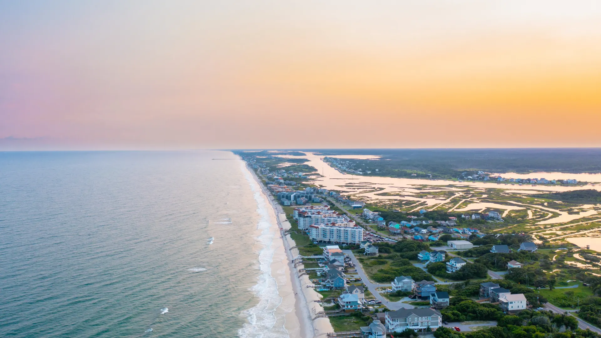Aerial view of North Topsail Beach, Onslow County, North Carolina, looking south at sunset