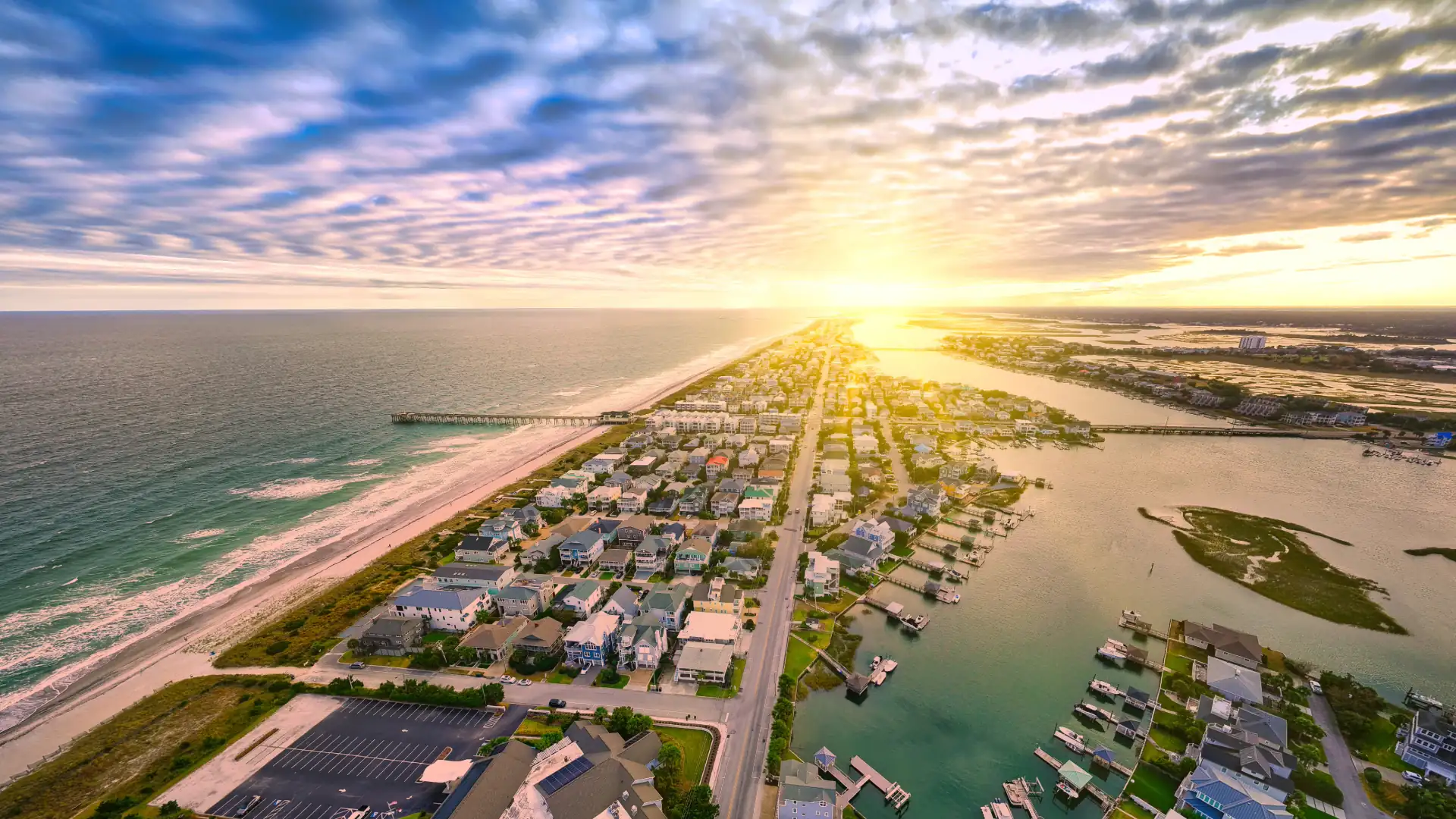 Aerial view of the sun rising over Wrightsville Beach, New Hanover County, North Carolina