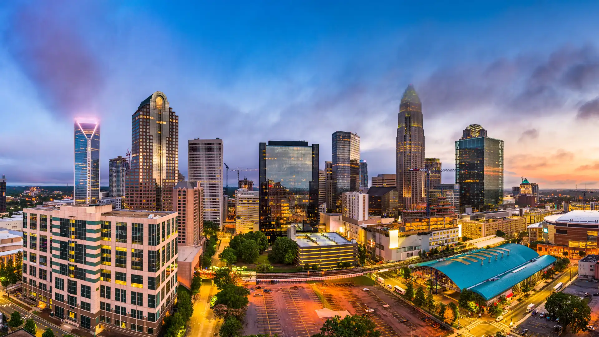 Panorama of the uptown Charlotte, North Carolina, skyline at dusk