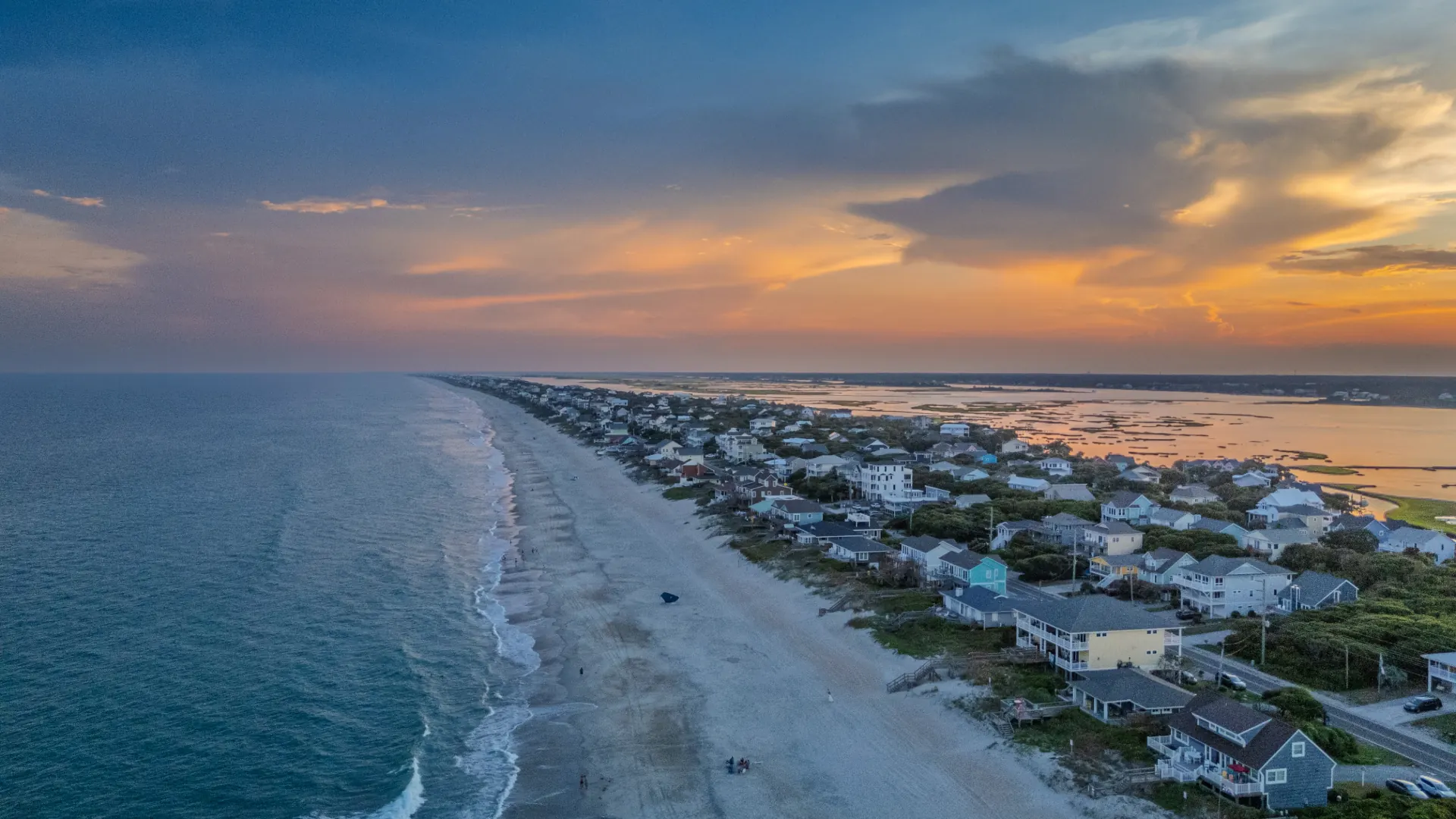 Aerial view of sunset over nearby Topsail Island and Surf City, North Carolina