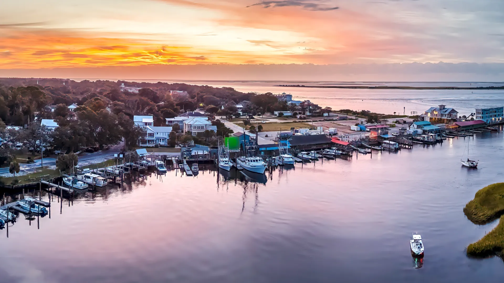 Evening view of the Southport, North Carolina, seaport and boats