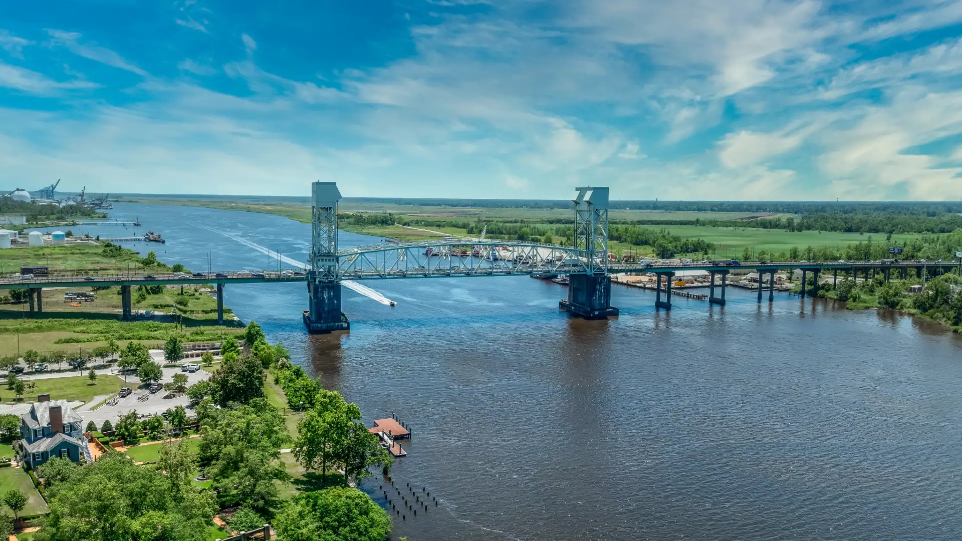 Cape Fear Memorial Bridge over the Cape Fear River at Wilmington, North Carolina, under a blue sky