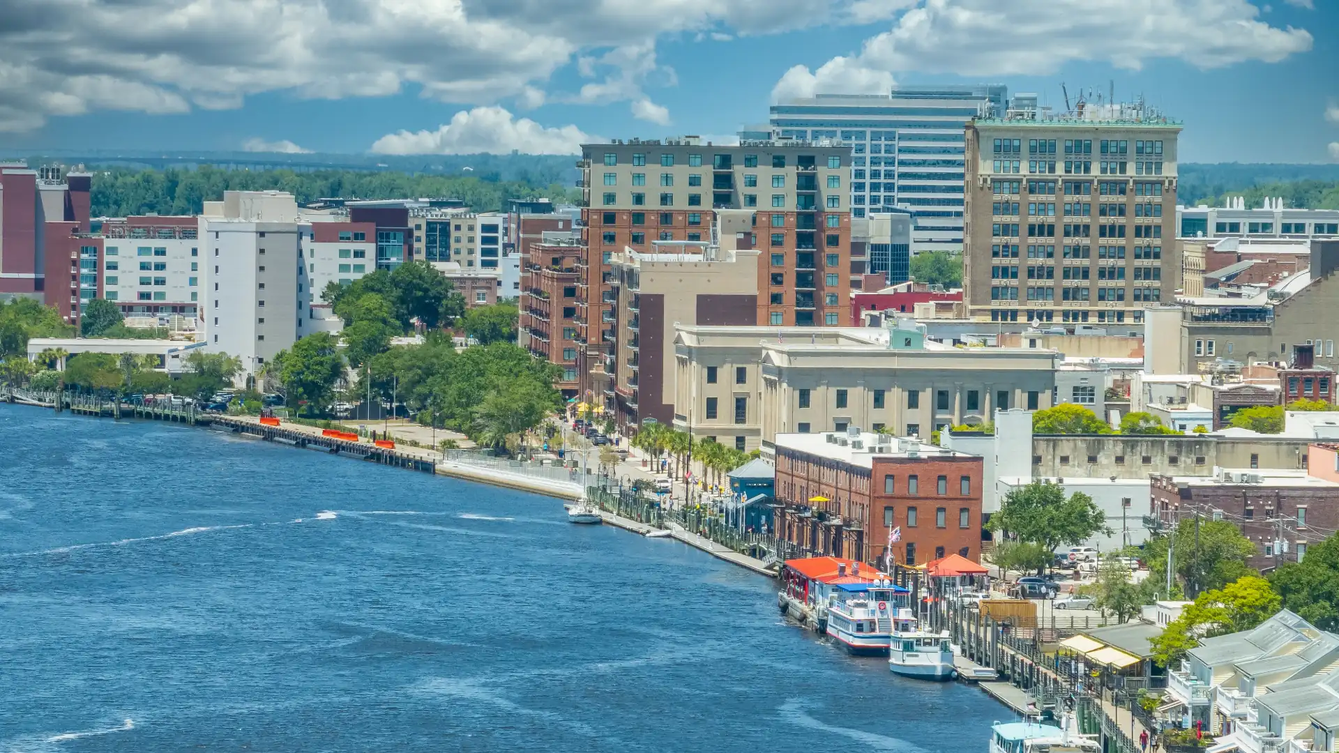 Aerial view of the historic district and Cape Fear River in Wilmington, North Carolina