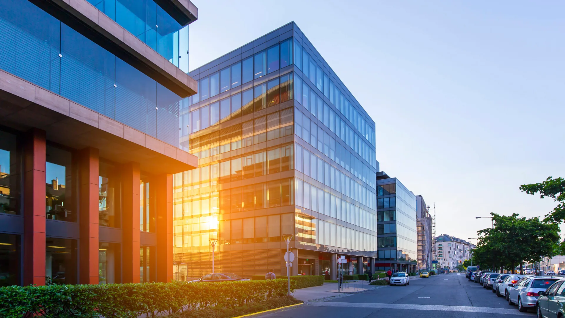 Modern office buildings catching the golden sun along a city street