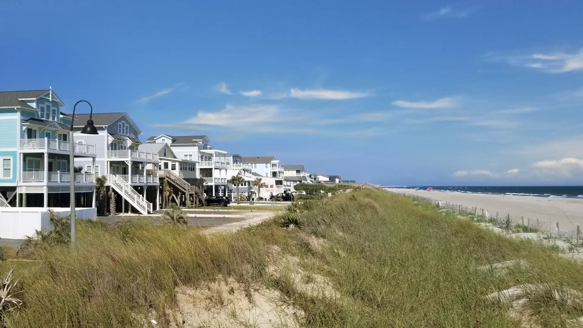 Row of beachfront rental houses in Holden Beach, Brunswick County, North Carolina