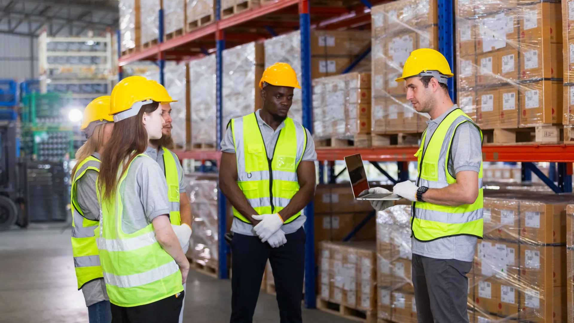 Warehouse crew in hard hats and safety vests meeting between the racks