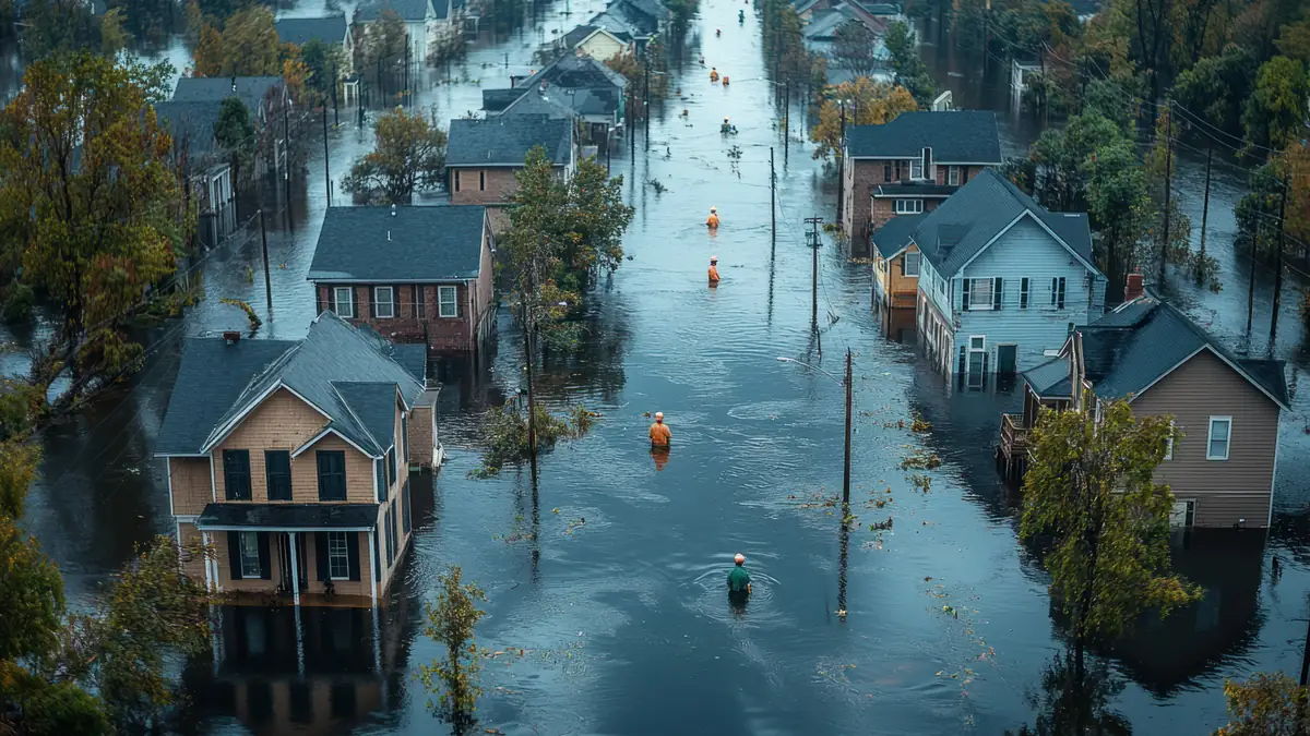 Aerial view of a street of homes underwater after a hurricane