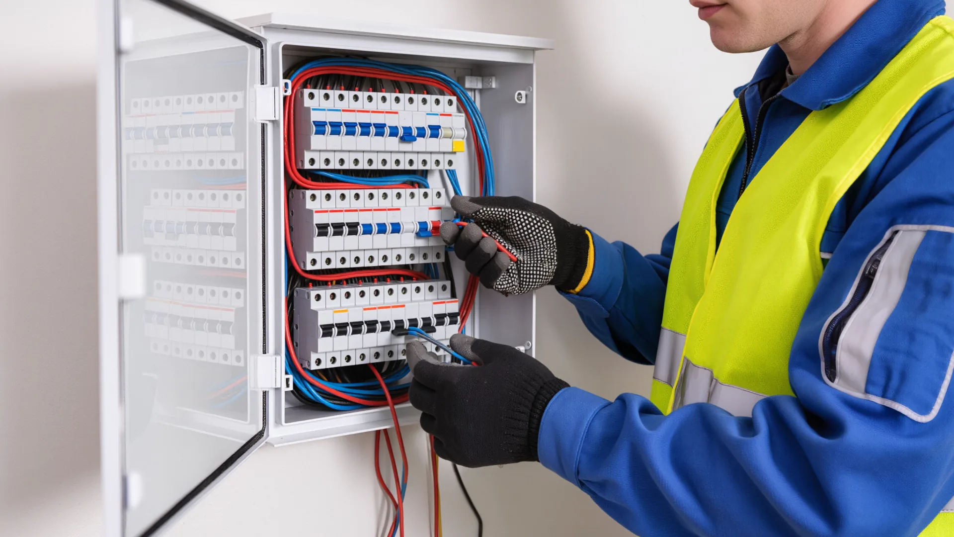 Electrician in safety gloves working on breakers inside an electrical box