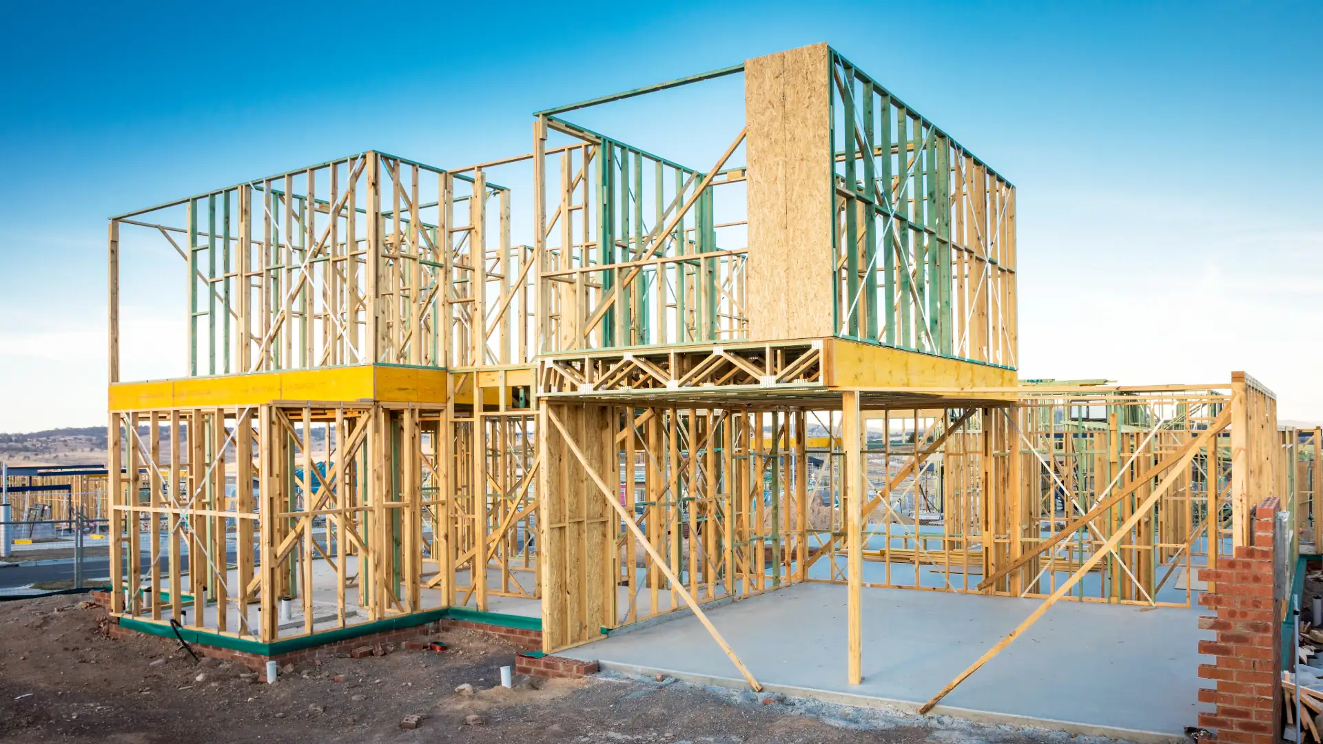 Wood framing of a new two-story home under construction