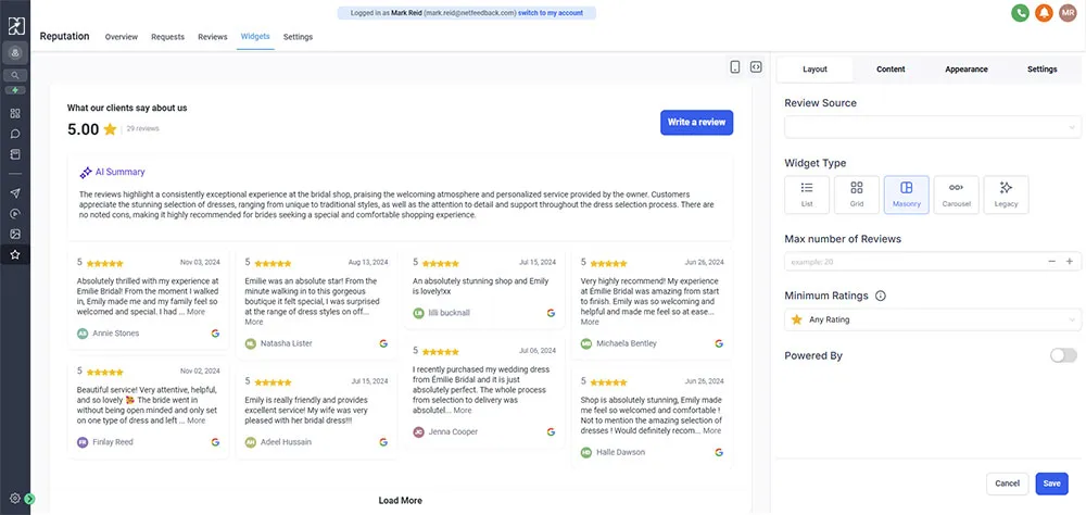 User interface of a review widget dashboard showing a 5-star rating summary for a bridal shop with individual customer reviews and widget customization options on the side panel.