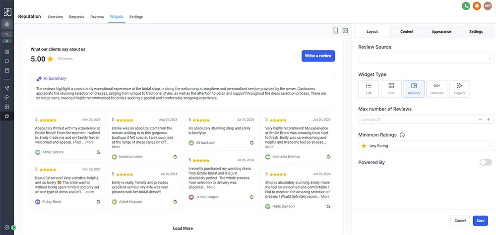 Dashboard screen showing client reviews widget with a 5-star rating summary and individual customer reviews for a bridal shop, alongside widget content settings.