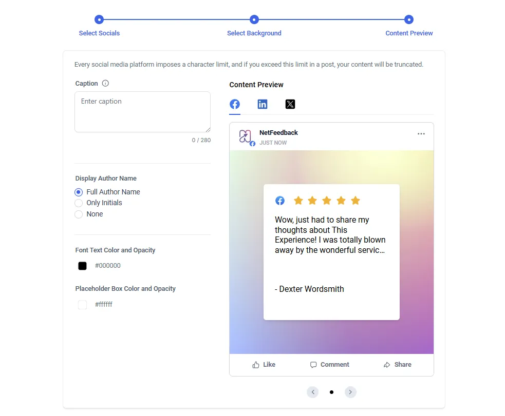 User interface for creating social media posts showing steps Select Socials, Select Background, and Content Preview with options for captions, author name display, font color, and a preview of a Facebook post with a five-star review and text by Dexter Wordsmith.