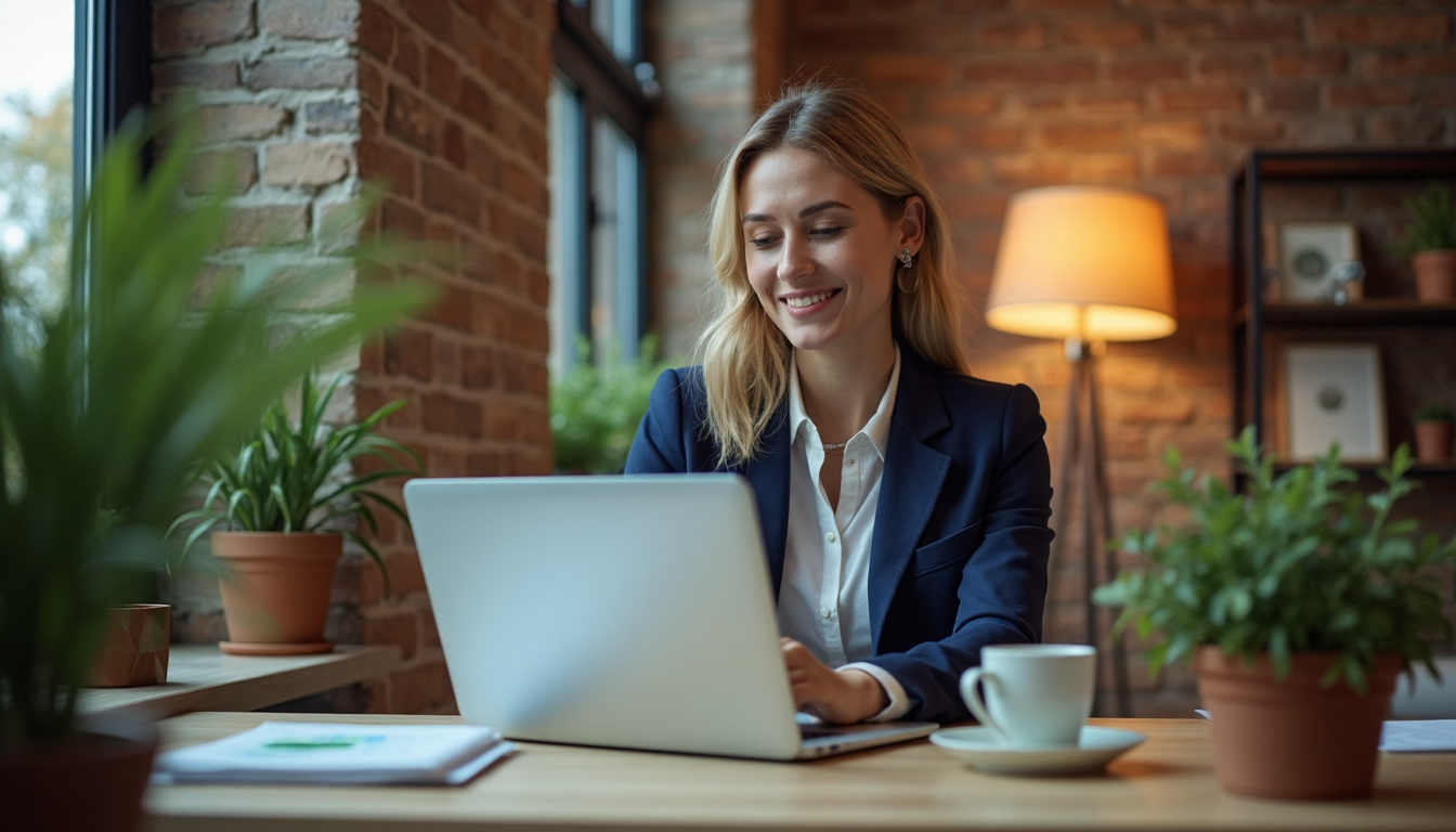 Vrouw deelt certificaatachievement op laptop met zichtbaarheid overlay