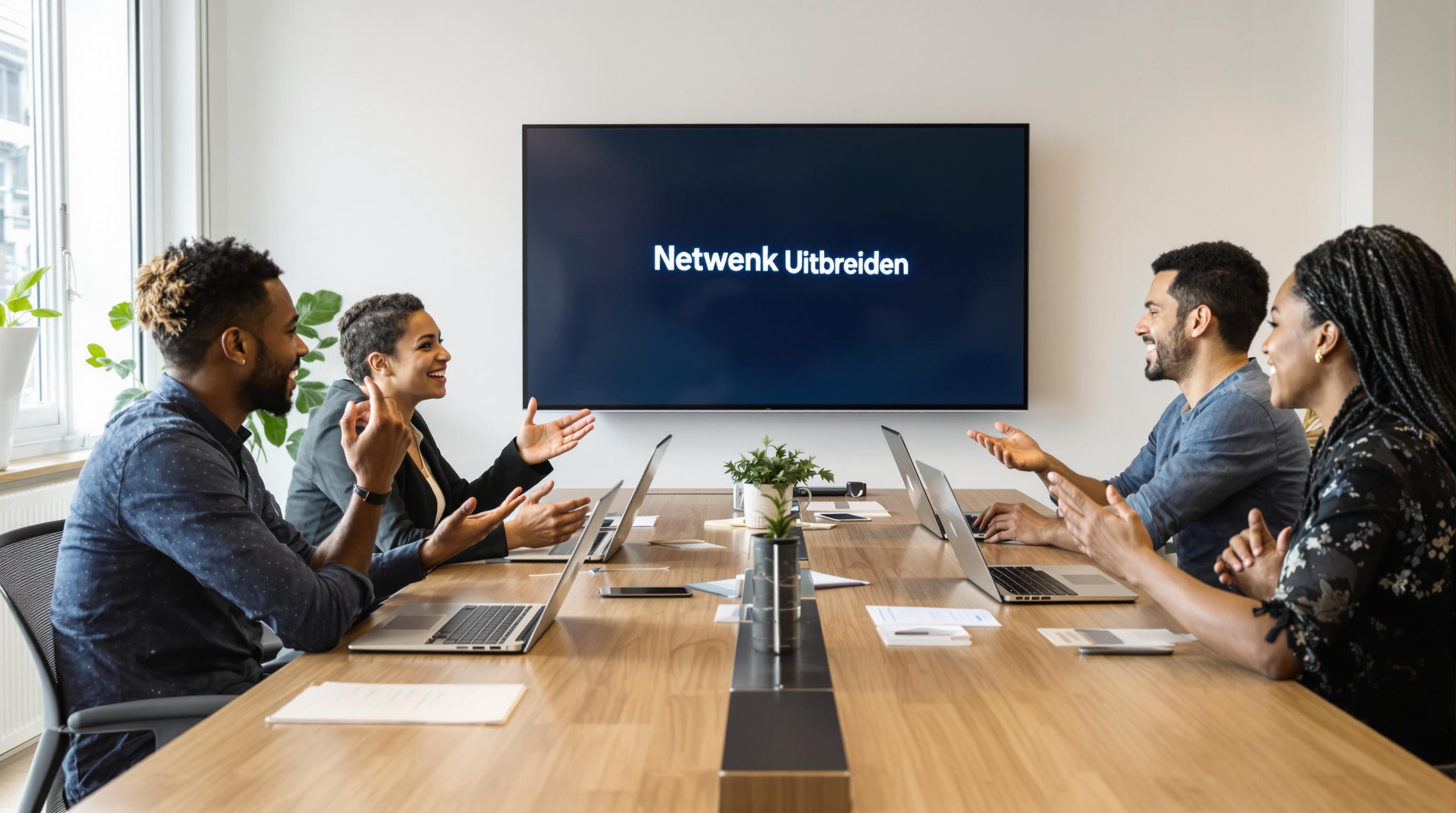 Entrepreneurs networking and discussing LinkedIn in collaborative workspace