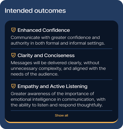 A screenshot of the list of intended outcomes for the goal "Communicate like a leader". The intended outcomes include - Enhanced confidence, clarity and conciseness and empanthy and active listening.