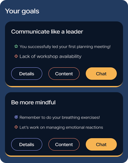 A screenshot of the list of goals that is visible on the home screen of the user. The goals include - Communicate like a leader and Be more mindful. Each goal has recent achievements, challengies and actions listed with them. Each goal has the following buttons - Details, Content and Chat.