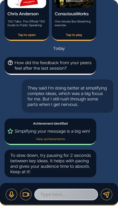 A screenshot of the user's chat with Skillward showing that Skillward helped the user get more confident in giving presentations and ending with an achievement for the user.