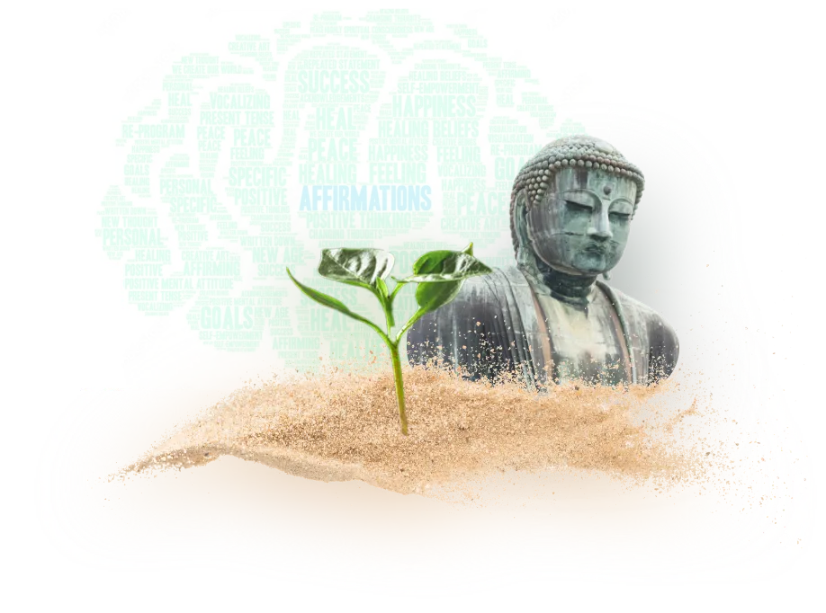 Daibatsu Buddha, Keimling aus dem Sand und Affirmations-Schlagwörter bei om vibes only
