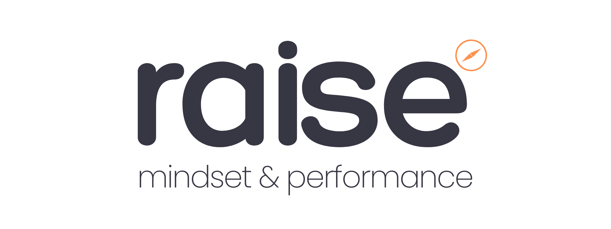 Raise logo with the tagline mindset & performance and an orange compass icon above the letter e.