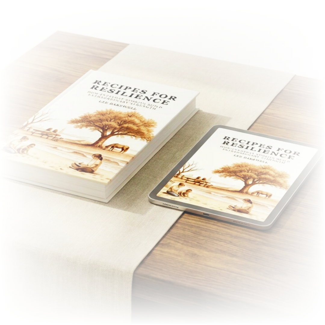 A book and an e-reader on a wooden table, both showing the cover of 'Recipes for Resilience' featuring children, a tree, and a horse illustration.