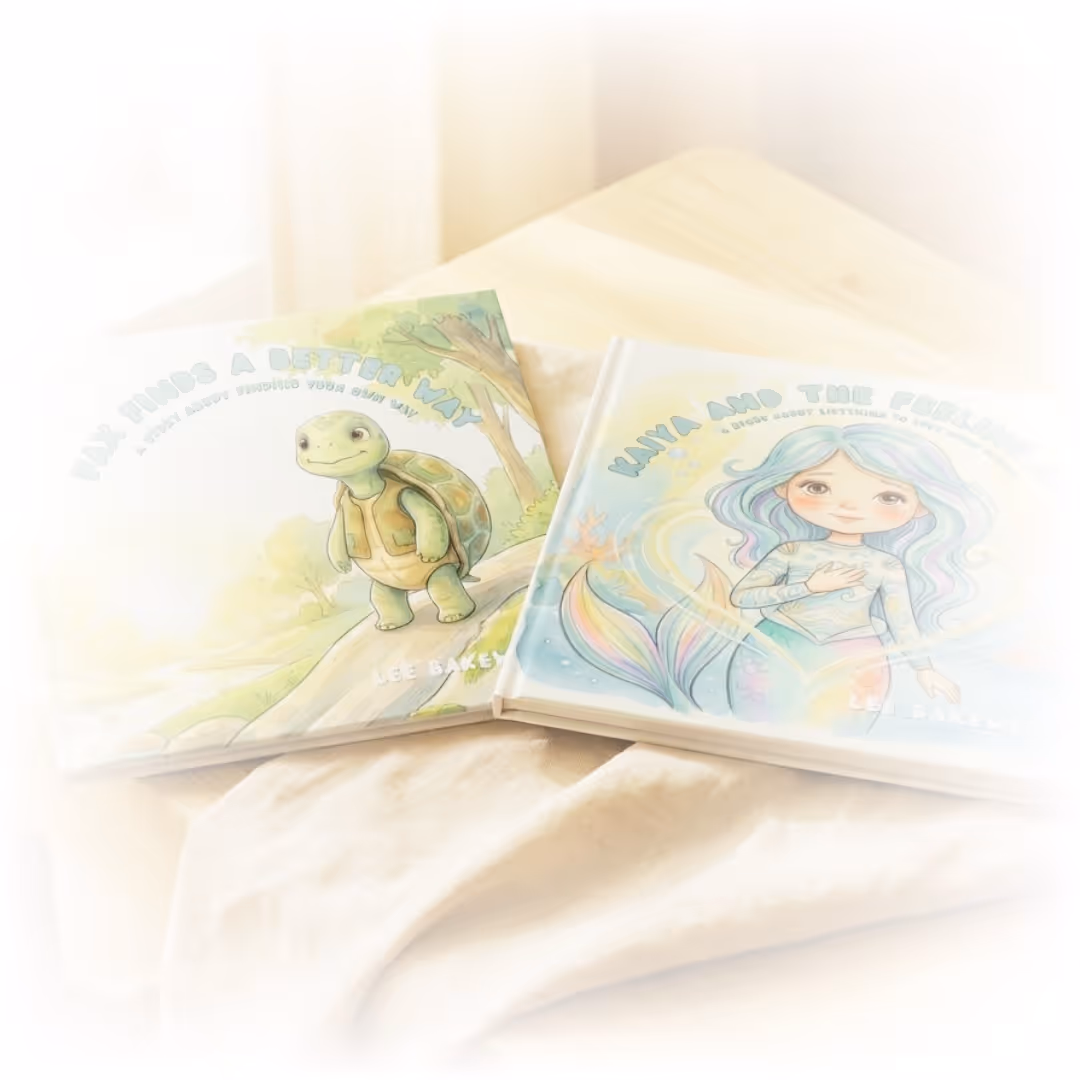 Two illustrated children's books on a wooden table, one featuring a turtle and the other a mermaid.