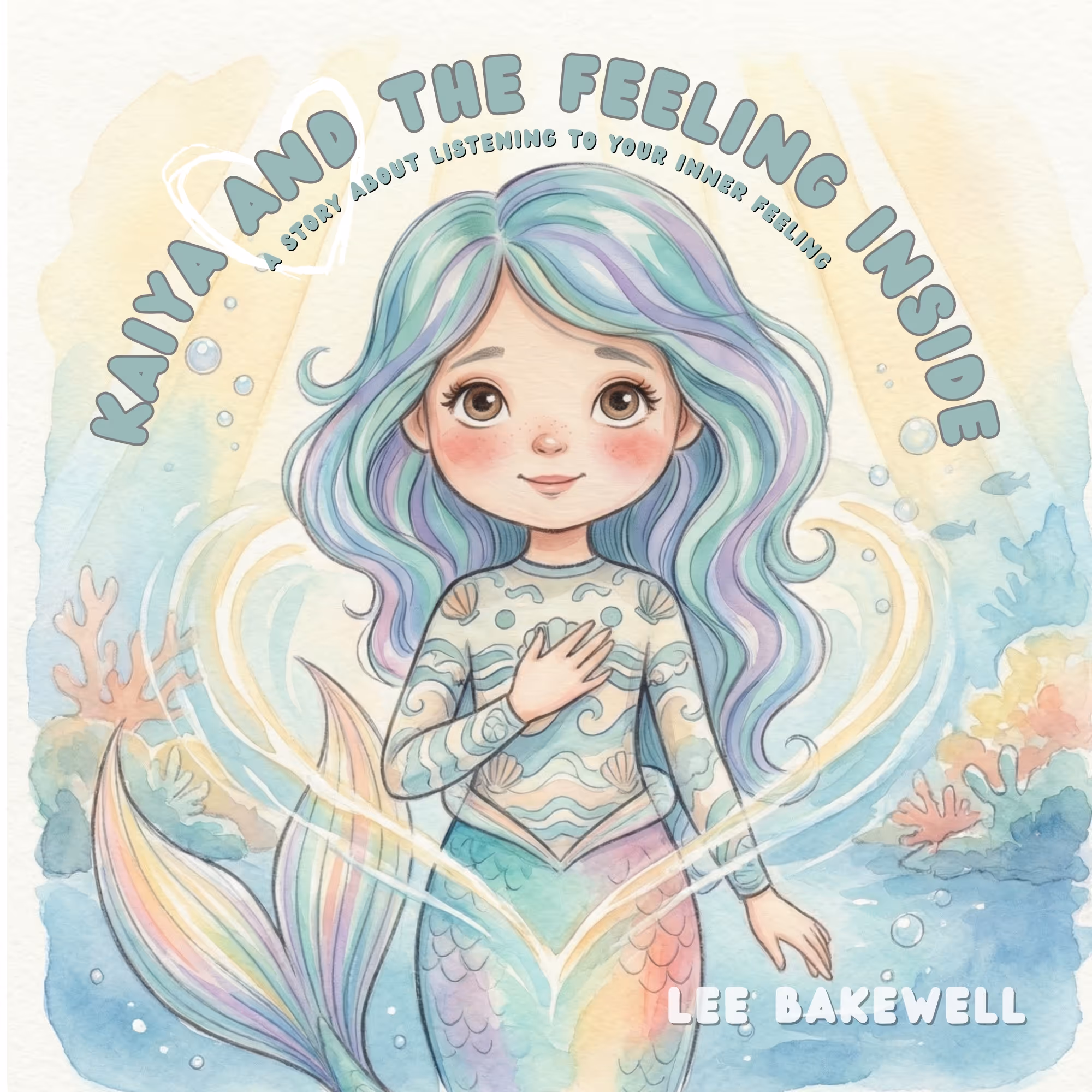 Illustration of a mermaid with pastel-colored hair and tail, hand on chest, surrounded by underwater plants and bubbles.