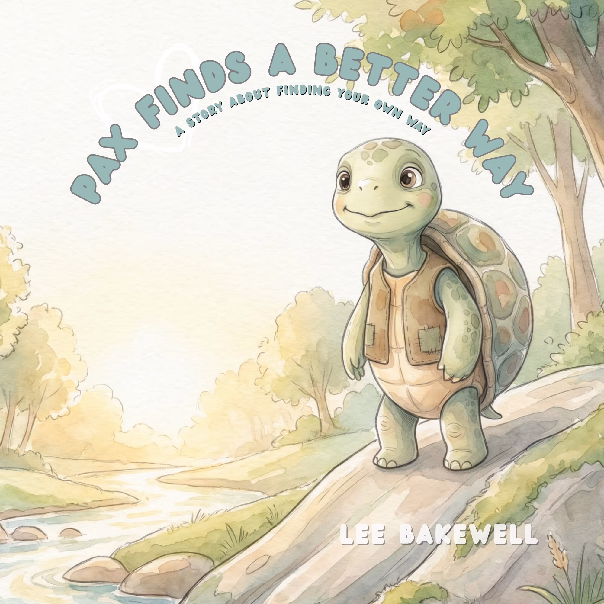 Illustration of a smiling turtle wearing a brown vest standing on a rock by a river under trees.